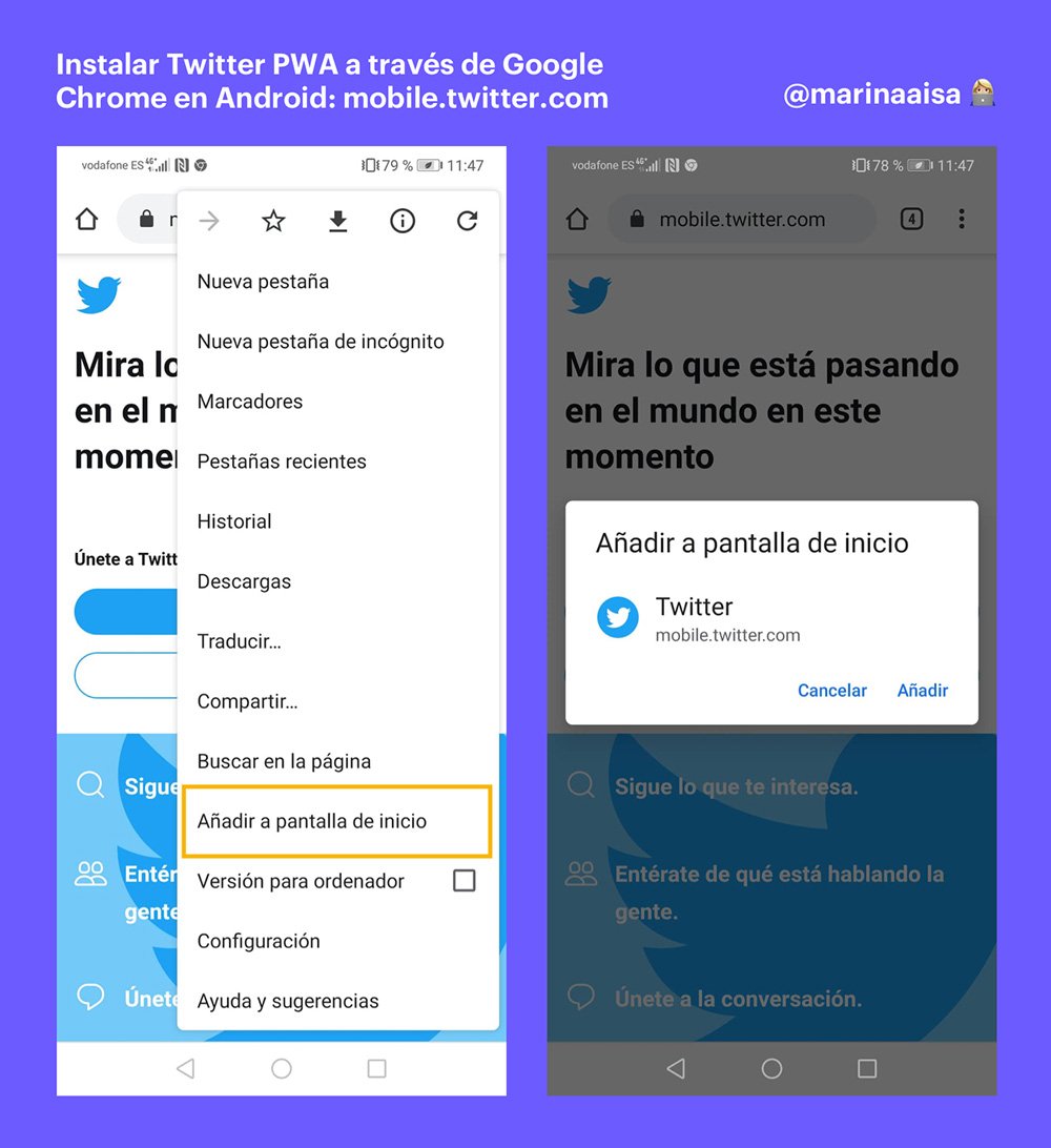 Instalar Twitter PWA a través de Google Chrome en Android